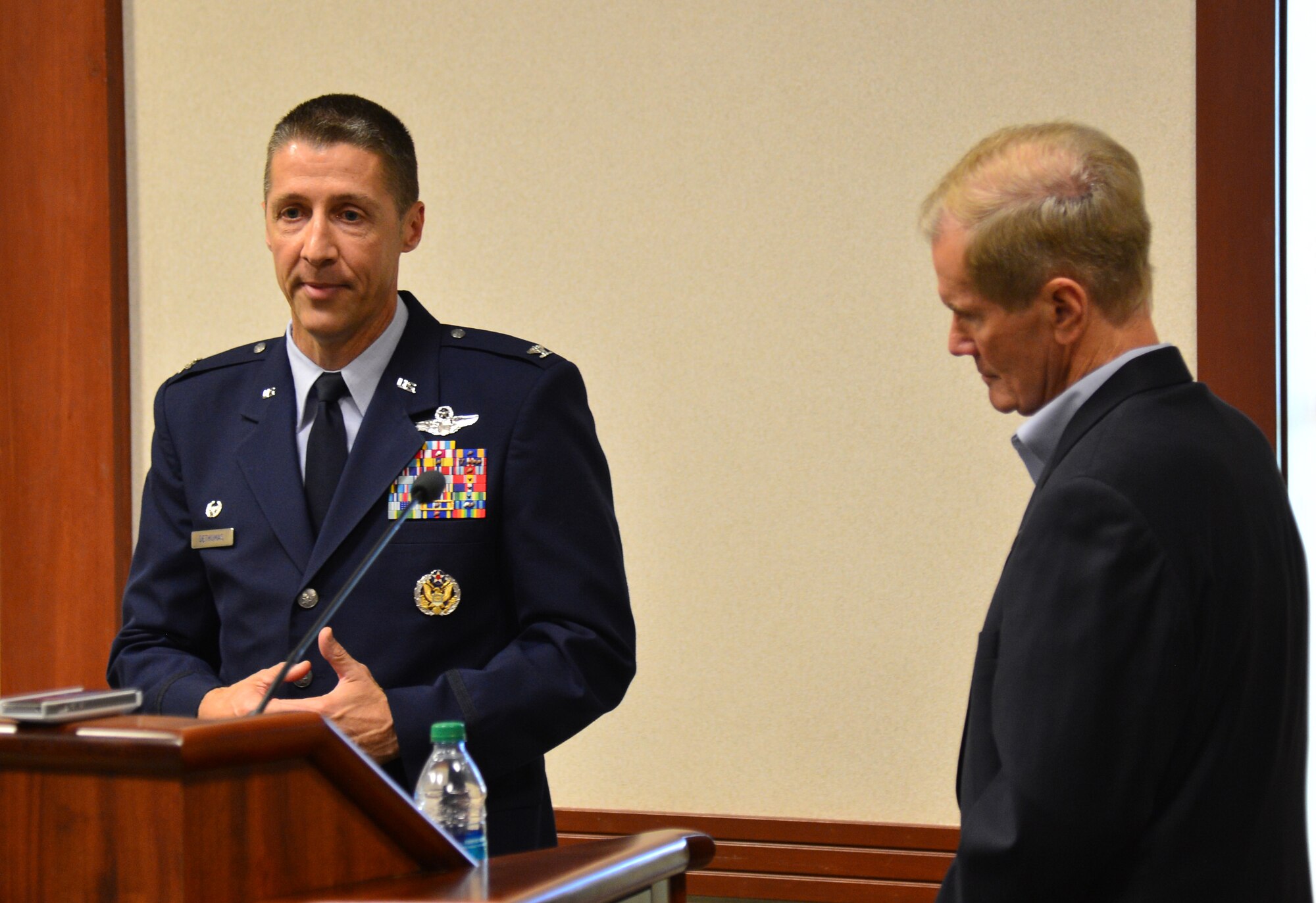 Col. Scott DeThomas, 6th Air Mobility Wing commander, and Bill Nelson, U.S. Senator for the state of Florida, talk to community and media members about MacDill Air Force base and it’s security July 12. Recently there have been several illegal attempts to enter the base and security forces along with Tampa Bay law enforcement agencies have been able to neutralize the attempts before any illegal access was granted. (U.S. Air Force photo by Senior Airman Adam Grant/Released/Cropped for point of interest)