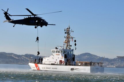 Members of the U.S. Coast Guard Maritime Safety and Security Team 91105 descend from a U.S. Air Force HH-60G Pave Hawk from the 129th Rescue Wing, California Air National Guard, Moffett Federal Airfield, Calif., onto the Coast Guard cutter Tern in the San Francisco Bay Jan. 28, 2009. Crewmembers conducted vertical insertion training, which is a fast-paced technique used to effectively deploy law enforcement teams to a high-risk situation. Shortly after the training was completed, the 129th RQW and Coast Guard crews rescued a downed pilot near Pillar Point, Calif.