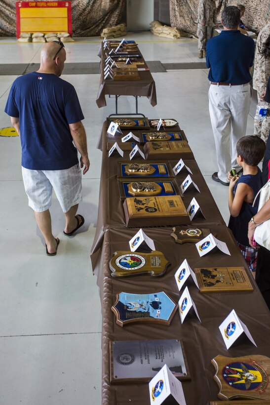 The many awards of Marine Attack Squadron 513, out of Marine Corps Air Station Yuma, Ariz., sit on display for the public during the squadron's open house, July 11. The open house is part of the squadron's deactivation ceremonies following 69 years of service.