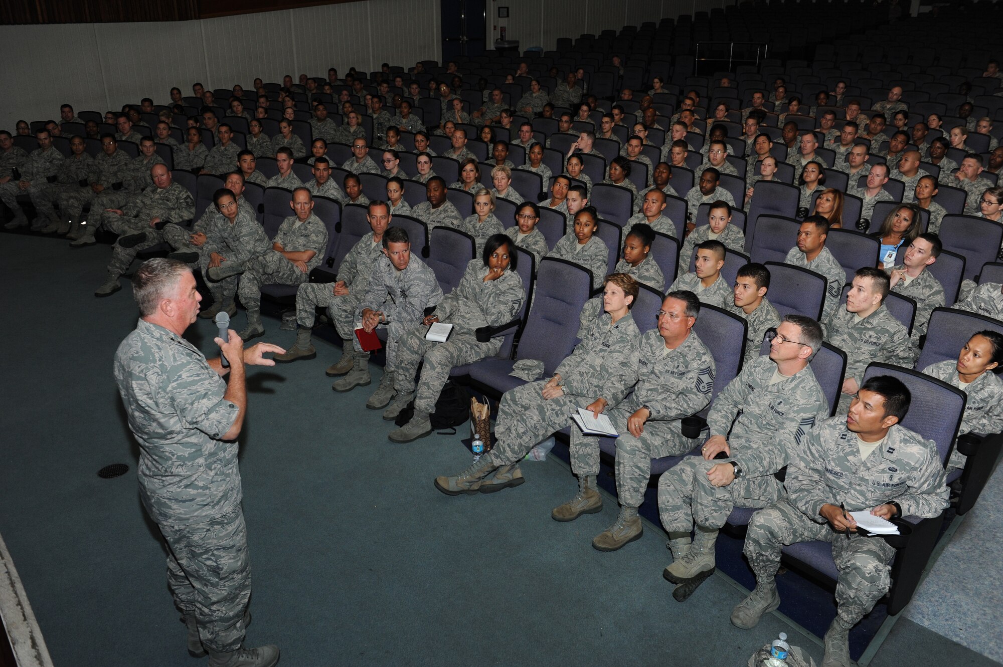 U.S. Air Force Lt. Gen. (Dr.) Thomas Travis, Air Force Surgeon General, Headquarters U.S. Air Force, Washington, D.C., speaks to 18th Medical Group personnel during a commander's call on Kadena Air Base, Japan, July 16, 2013. Travis visited the 18th Wing on his tour throughout the Pacific theater, to learn more about the mission and interact with Airmen and staff, while also gaining an understanding of the new measures and methods that are provided to patients. (U.S. Air Force photo by Airman 1st Class Keith A. James/Released)