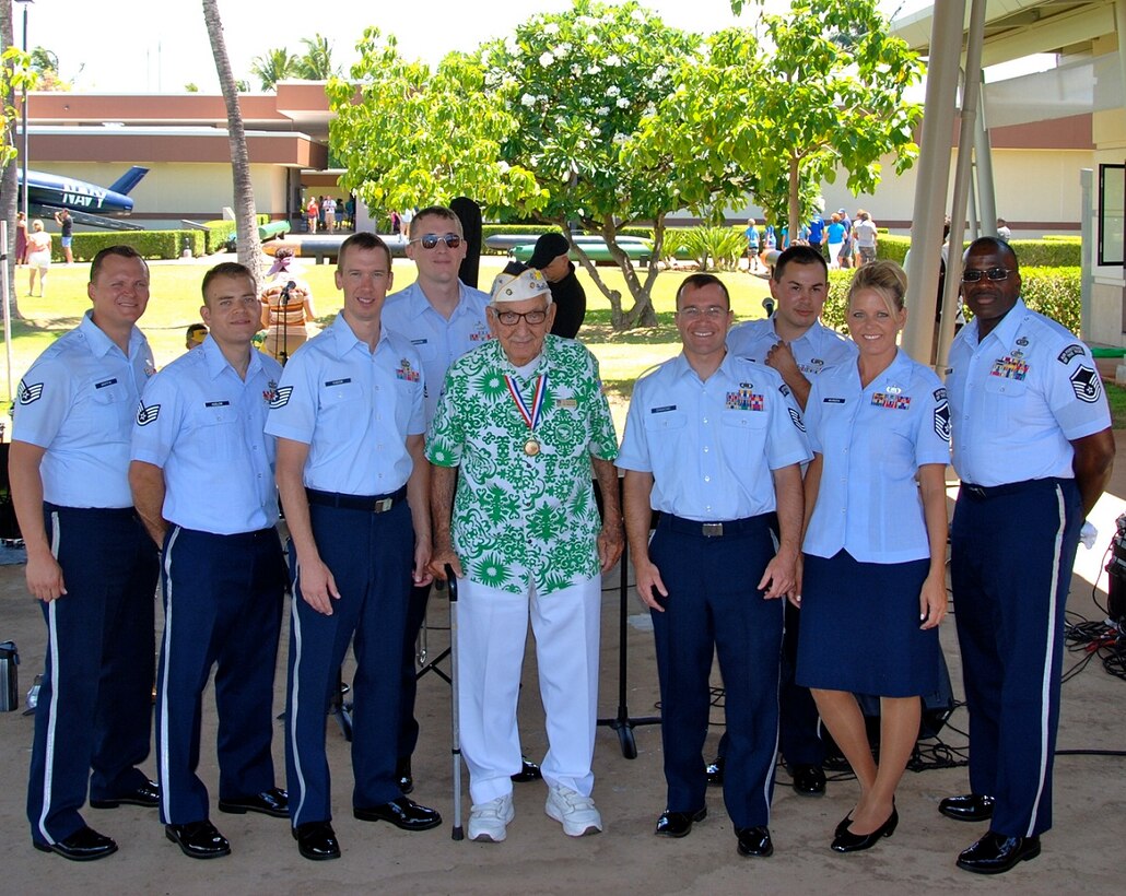 "Papana" poses with Pearl Harbor Survivor "Uncle Al". Uncle Al volunteers at the Valor in the Pacific Memorial and he was our guest of honor today! 