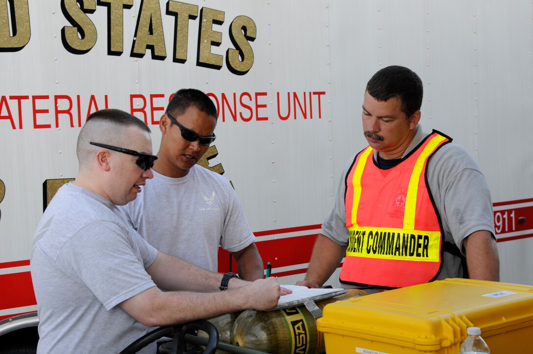 Members of the 188th Fighter Wing participate in a chemical, biological, radiological, nuclear, environmental (CBRNE) exercise at Ebbing Air National Guard base, Fort Smith, Ark.  The exercise was in response to a substance found in an envelope in the mailroom on base. (U.S. Air National Guard photo by Airman 1st Class Cody Martin/188th Fighter Wing Public Affairs)