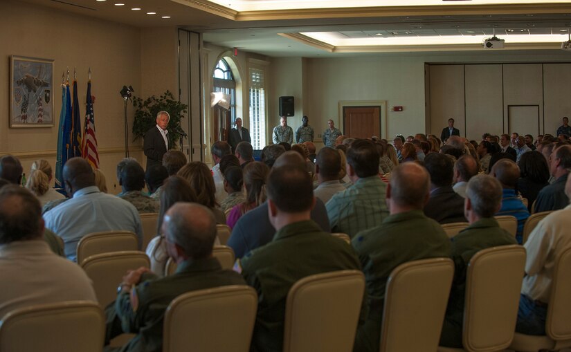 Secretary of Defense Chuck Hagel speaks with civilians July 17, 2013 during an open-discussion forum and a question-and-answer session at the Charleston Club at Joint Base Charleston- Air Base, S.C. Hagel is the 24th Secretary of Defense and the first enlisted combat veteran to lead the Department of Defense.  Hagel’s visit to JB Charleston included learning about flying and support operations conducted in the Air Force at Charleston, meeting with Boeing representatives to talk about what the company provides to the Air Force, and conducting a town hall meeting with Department of Defense civilian employees to discuss federal government sequestration and civilian worker furloughs in the department. (U.S. Air Force photo/Senior Airman Ashlee Galloway)