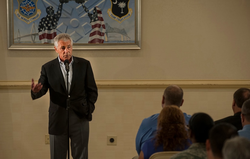 Secretary of Defense Chuck Hagel speaks with civilians July 17, 2013 during an open-discussion forum and a question-and-answer session at the Charleston Club at Joint Base Charleston- Air Base, S.C. Hagel is the 24th Secretary of Defense and the first enlisted combat veteran to lead the Department of Defense.  Hagel’s visit to JB Charleston included learning about flying and support operations conducted in the Air Force at Charleston, meeting with Boeing representatives to talk about what the company provides to the Air Force, and conducting a town hall meeting with Department of Defense civilian employees to discuss federal government sequestration and civilian worker furloughs in the department. (U.S. Air Force photo/Senior Airman Ashlee Galloway)