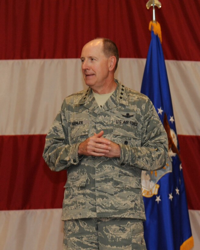 Gen. C. Robert Kehler, U.S.  Strategic Command commander, addresses Airmen of Air Force Global Strike Command during an All Call at Barksdale Air Force Base, La., July 16. Kehler also toured a B-52 static display, received mission briefings and met with 2nd Bomb Wing and Headquarters AFGSC leaders during his visit to Barksdale. (U.S. Air Force photo/Airman 1st Class Jannelle Dickey)