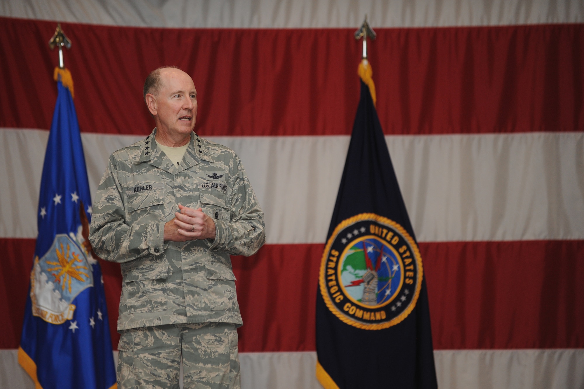 Gen. C. Robert Kehler, United States Strategic Command commander, speaks to Airmen during an all call on Barksdale Air Force Base, La., July 15, 2013. Kehler visited the base to tour its facilities and speak to Airmen about the current state of the strategic mission and what the future holds. (U.S. Air Force photo/Airman 1st Class Benjamin Gonsier)