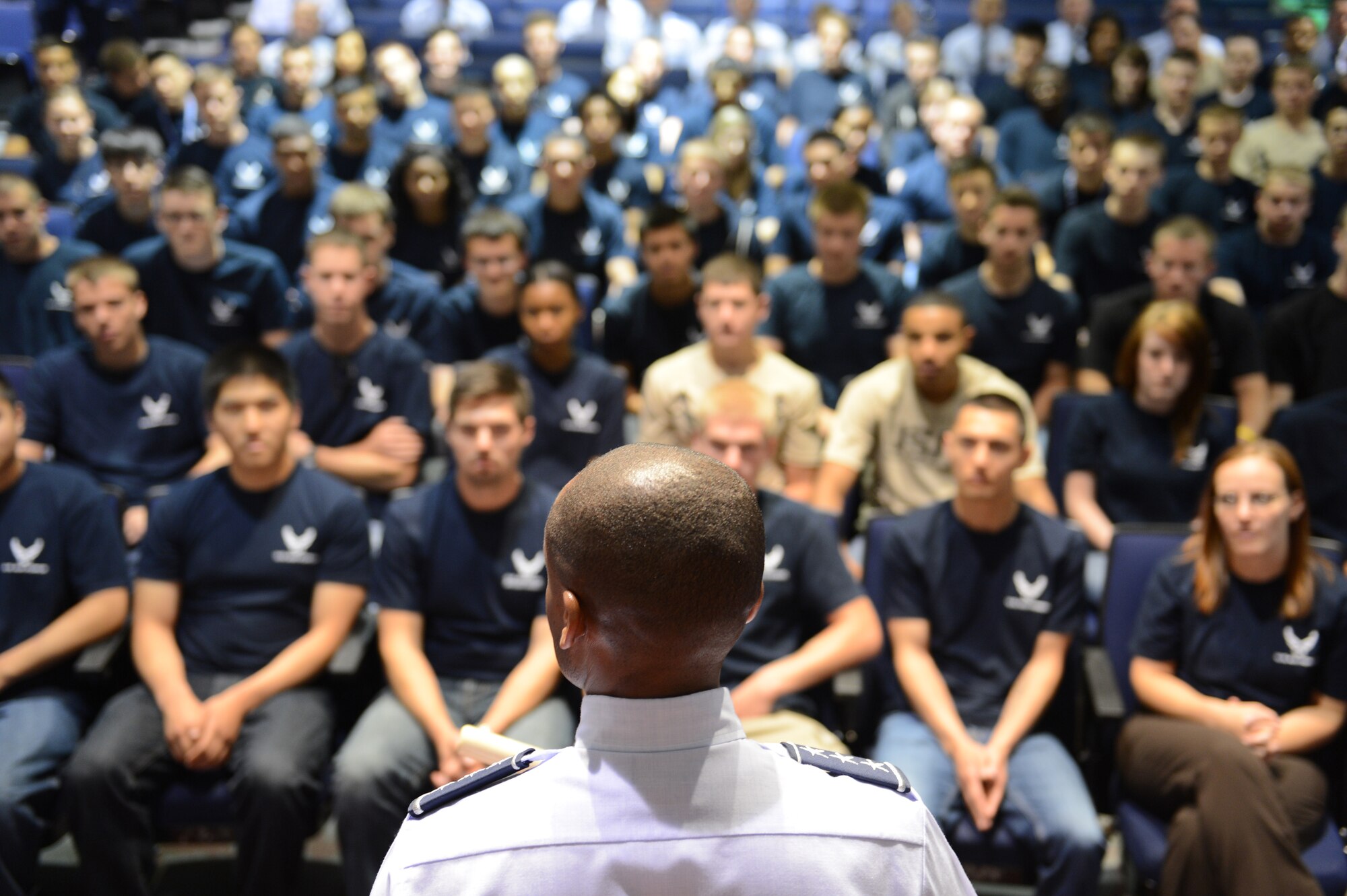 Lt. Gen. Darren McDew, 18th Air Force commander, provides words of advice to Air Force Delayed Entry Program members July 16, 2013 at Joint Base Lewis-McChord, Wash. There were 95 individuals from throughout Washington state who attended the mentoring session. (U.S. Air Force photo/Staff Sgt. Frances Kriss)