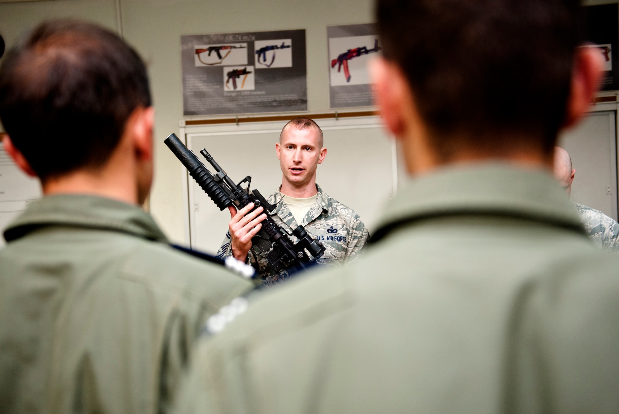 Senior Master Sgt. Todd Rosenzwieg, 39th Security Forces Squadron superintendant, gives a briefing on some of the defender’s weapons to Turkish air force cadets July 15, 2013, at Incirlik Air Base, Turkey. The TURAF cadet tour provided U.S. Airmen the opportunity to showcase the expertise of the U.S. military enlisted corps.  (U.S. Air Force photo by Senior Airman Daniel Phelps/Released)