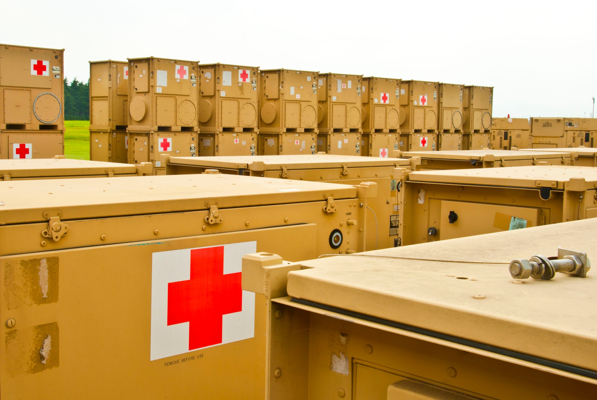 YOKOTA AIR BASE, Japan – Several air conditioners are set outside the warehouse at Yokota Air Base, Japan, July 16, 2013.  The supplies ranged from typical medical supplies to generators and air conditioners.  (U.S. Air Force photo by Airman 1st Class Soo C. Kim)