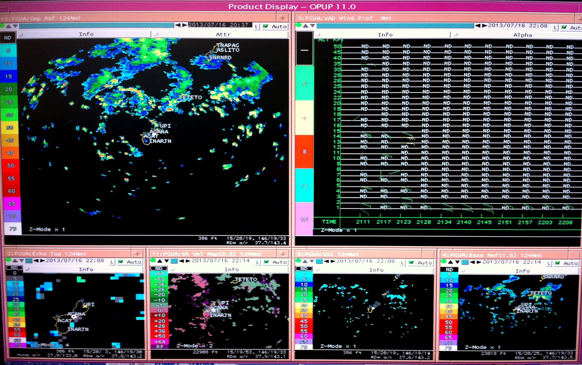 Airmen from the 36th Operations Group mission weather element combine information from multiple sources July 16, 2013, to identify thunderstorms, rain showers, wind and other weather variables that can affect aircraft flying in the air space surrounding Andersen . Guam’s tropical climate and lack of low pressure systems makes tracking and identifying weather features more difficult. (Courtesy photo)