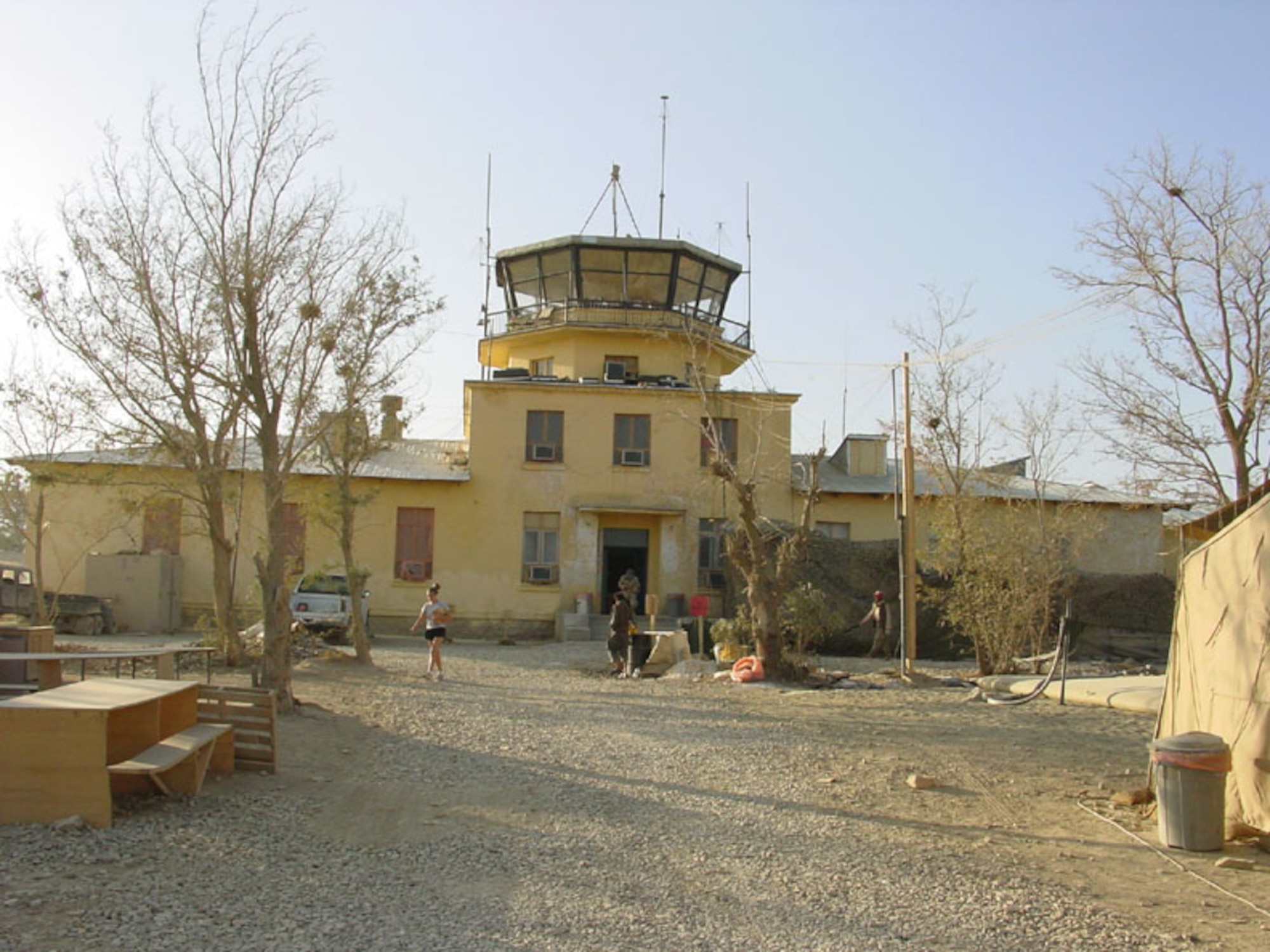 A front-view image of the old Russian control tower during April 2002. The tower, which is a familiar landmark to deployed service members and civilians who have worked here, was built on Bagram Airfield in 1976 during the Soviet Union's economic collaboration with Afghanistan.(Courtesy photo)