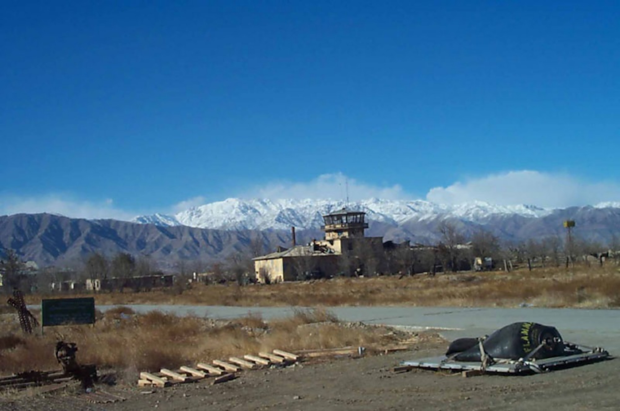 The old Russian control tower as it appeared when the first U.S. forces arrived on Bagram Airfield during late 2001. The tower, which is a familiar landmark to deployed service members and civilians who have worked here, was built on Bagram Airfield in 1976 during the Soviet Union's economic collaboration with Afghanistan. (Courtesy photo)