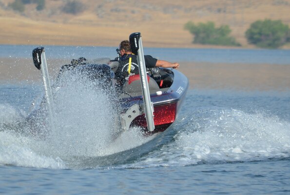 A bass fisherman takes off in search of new adventures at Success Lake, a U.S. Army Corps of Engineers project near Porterville, Calif.