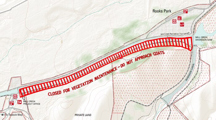 Mill Creek vegetation-maintenance zone. Saturday, July 20, 2013 through Monday, July 29, 2013.