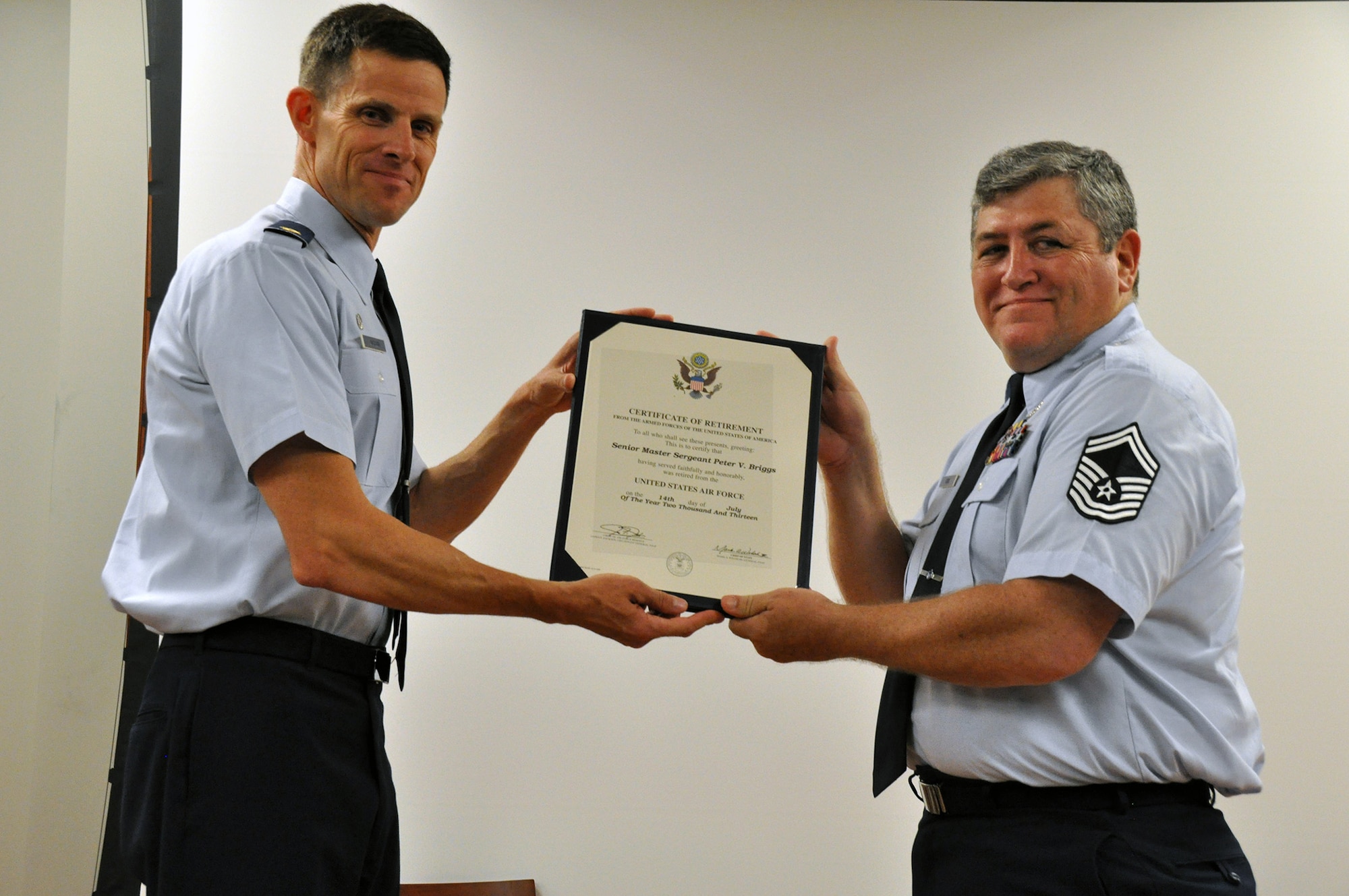 TRAVIS AIR FORCE BASE, Calif. -- Senior Master Sgt. Peter V. Briggs has a retirement ceremony July 14, 2013 at Travis Air Force Base, Calif.  (U.S. Air Force photo / Senior Airman Amelia Leonard)