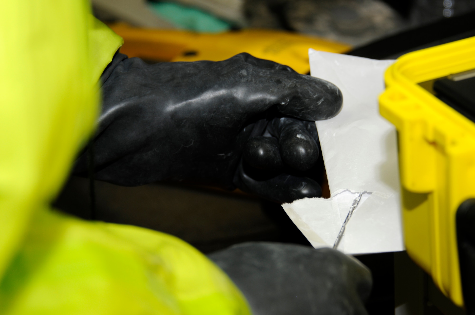 Members of the 188th Fighter Wing participate in a chemical, biological, radiological, nuclear, environmental (CBRNE) exercise at Ebbing Air National Guard base, Fort Smith, Ark.  The exercise was in response to a substance found in an envelope in the mailroom on base. (U.S. Air National Guard photo by Airman 1st Class Cody Martin/188th Fighter Wing Public Affairs)