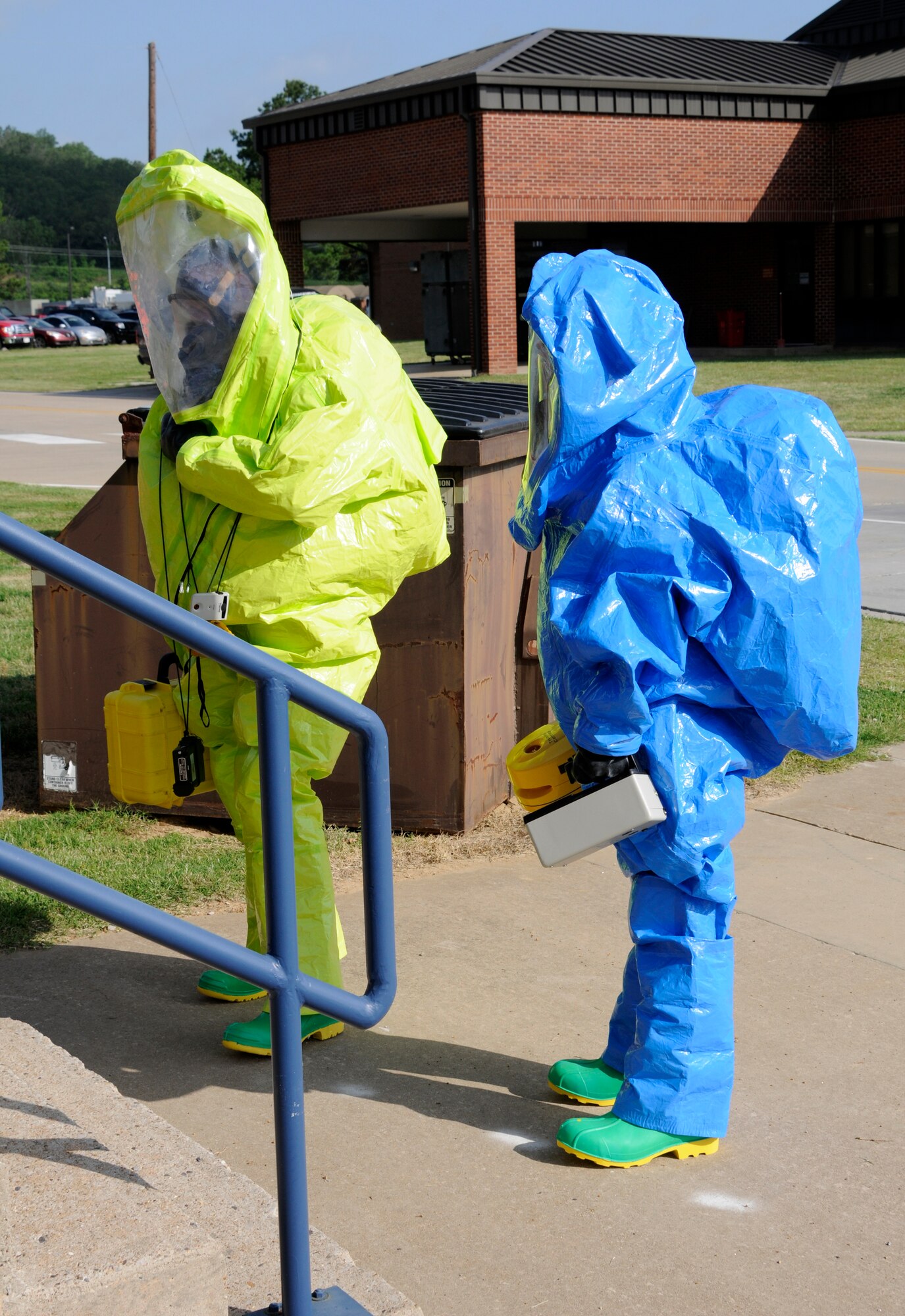 Members of the 188th Fighter Wing participate in a chemical, biological, radiological, nuclear, environmental (CBRNE) exercise at Ebbing Air National Guard base, Fort Smith, Ark.  The exercise was in response to a substance found in an envelope in the mailroom on base. (U.S. Air National Guard photo by Airman 1st Class Cody Martin/188th Fighter Wing Public Affairs)