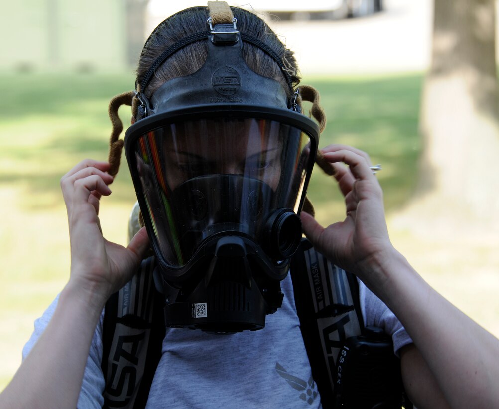 Members of the 188th Fighter Wing participate in a chemical, biological, radiological, nuclear, environmental (CBRNE) exercise at Ebbing Air National Guard base, Fort Smith, Ark.  The exercise was in response to a substance found in an envelope in the mailroom on base. (U.S. Air National Guard photo by Airman 1st Class Cody Martin/188th Fighter Wing Public Affairs)