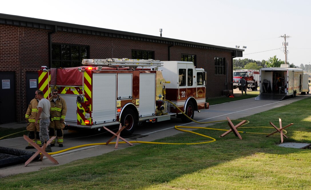 Members of the 188th Fighter Wing participate in a chemical, biological, radiological, nuclear, environmental (CBRNE) exercise at Ebbing Air National Guard base, Fort Smith, Ark.  The exercise was in response to a substance found in an envelope in the mailroom on base. (U.S. Air National Guard photo by Airman 1st Class Cody Martin/188th Fighter Wing Public Affairs)