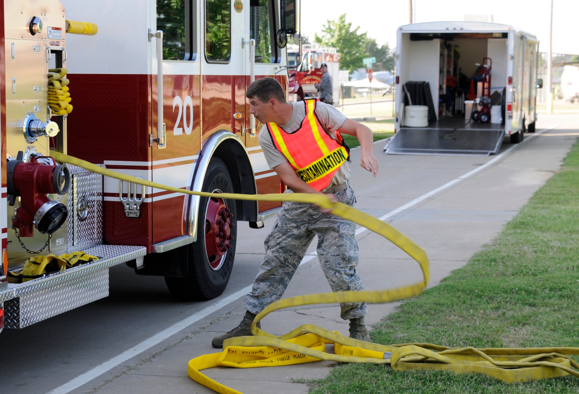 Members of the 188th Fighter Wing participate in a chemical, biological, radiological, nuclear, environmental (CBRNE) exercise at Ebbing Air National Guard base, Fort Smith, Ark.  The exercise was in response to a substance found in an envelope in the mailroom on base. (U.S. Air National Guard photo by Airman 1st Class Cody Martin/188th Fighter Wing Public Affairs)