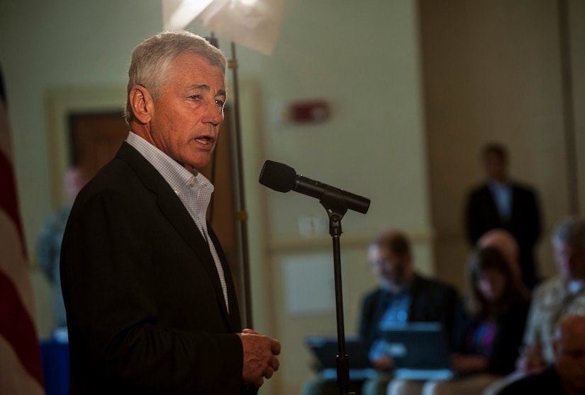 Secretary of Defense Chuck Hagel speaks with civilians July 17, 2013 during an open-discussion forum and a question-and-answer session at the Charleston Club at Joint Base Charleston- Air Base, S.C. Hagel is the 24th Secretary of Defense and the first enlisted combat veteran to lead the Department of Defense.  Hagel’s visit to JB Charleston included learning about flying and support operations conducted in the Air Force at Charleston, meeting with Boeing representatives to talk about what the company provides to the Air Force, and conducting a town hall meeting with Department of Defense civilian employees to discuss federal government sequestration and civilian worker furloughs in the department. (U.S. Air Force photo/Senior Airman Ashlee Galloway)