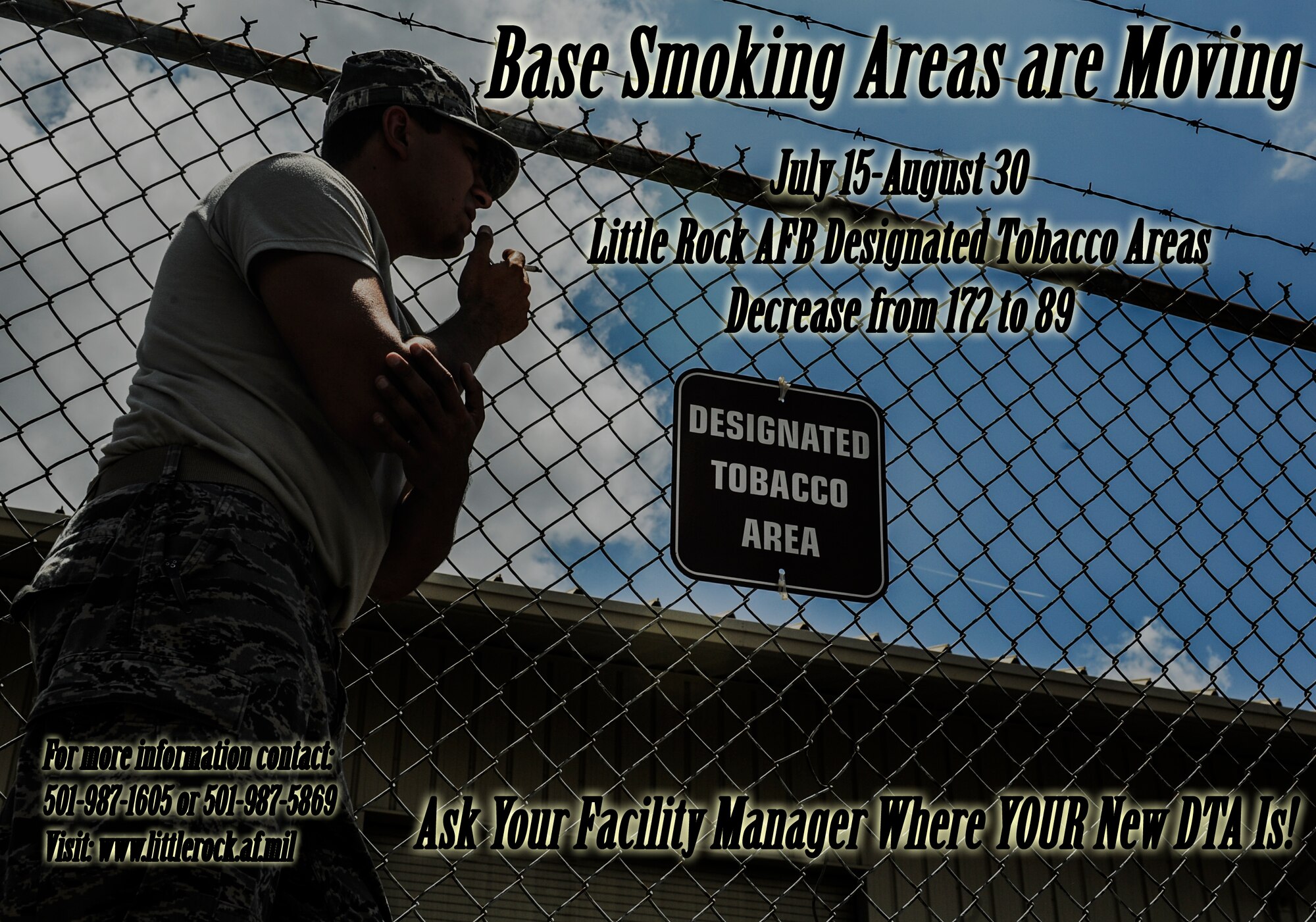 Little Rock Air Force Base, Ark., is decreasing the number of designated tobacco areas on base from 172 to 89 beginning Monday through August 30. The changeover process has been approved for execution in accordance with new guidance, Air Force Instruction 40-102, Tobacco Use in the Air Force.