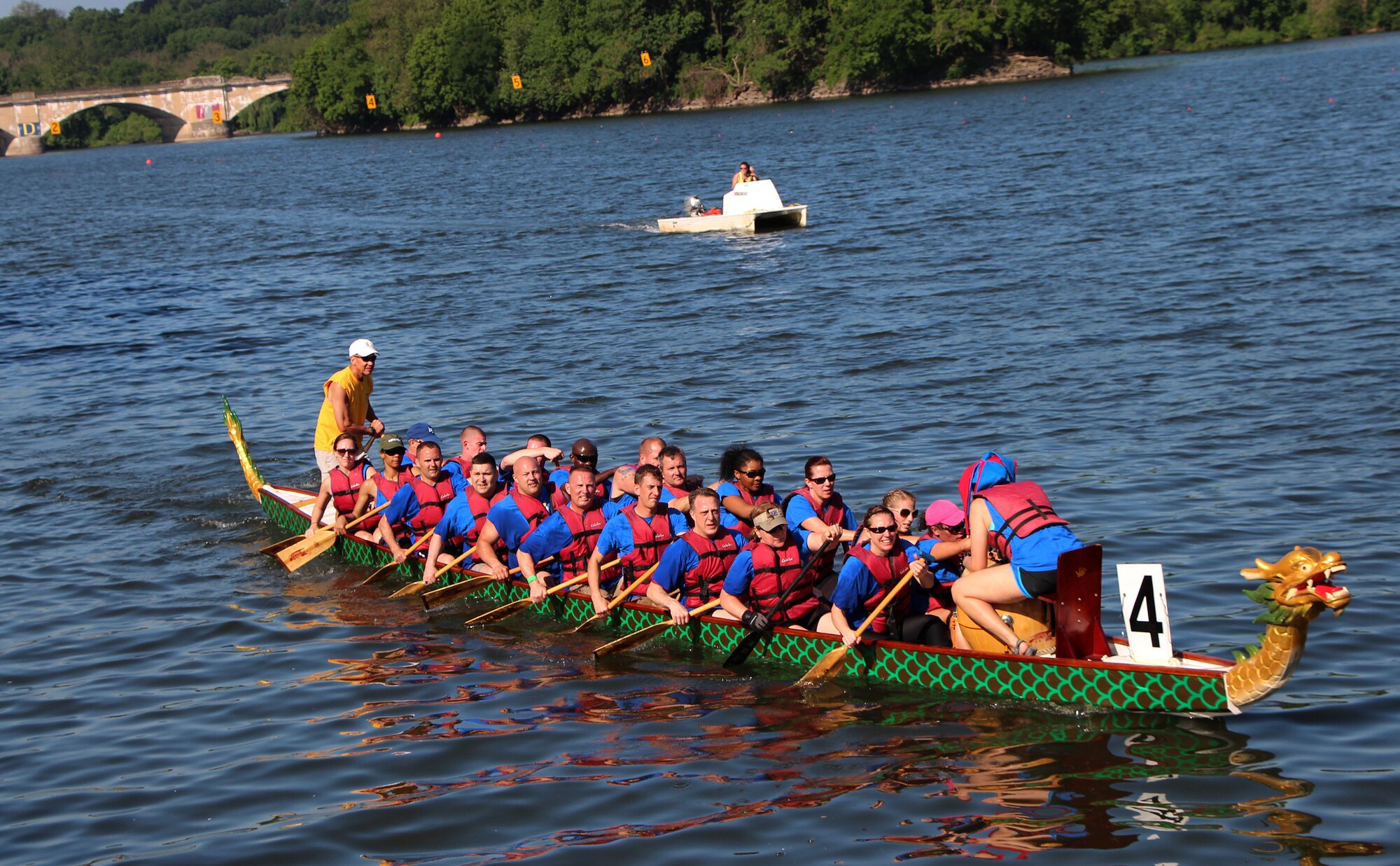 Volunteers from the 111th Fighter Wing participate in the 7th Annual Independence Dragon Boat Regatta held alone the Schuylkill River at Boathouse Row in Philadelphia on June 1, 2013. The team, known as the Air Guard Argonauts, consists of 20 oarsmen, a tiller operator and a drummer to mark timing. At the close of the event, the Argonauts fared well in the finals with a race-time approaching professional standings. Team members practice weekly in the evenings as race day nears. This is the second year that wing members have competed. Their next schedule competition is slated for Oct. 5 at the same location in the Philadelphia International Dragon Boat Festival. If you would like to participate, contact team captain at: 215-323-7172.  