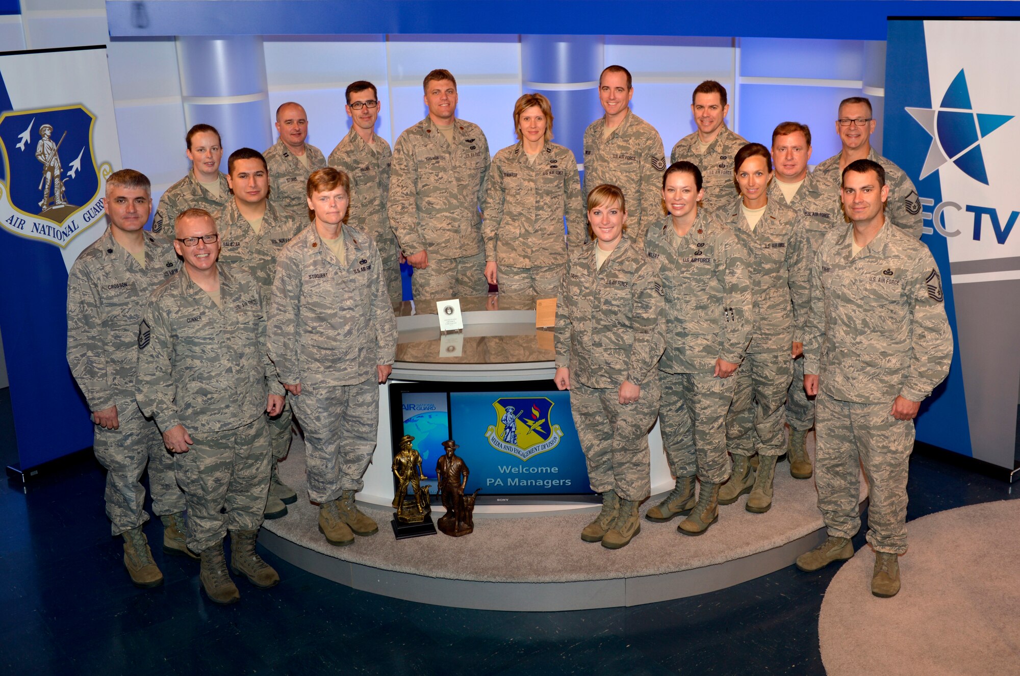 MCGHEE TYSON AIR NATIONAL GUARD BASE, Tenn. – Instructors, a guest speaker and students of the I.G. Brown Training and Education Center's Public Affairs Managers Course tour the TEC TV Broadcast Studio - home of the Warrior Network - here, July 17, 2013, as part of a meet and greet with the Center's Media and Engagement Division personnel. (U.S. Air National Guard photo by Master Sgt. Kurt Skoglund/Released)