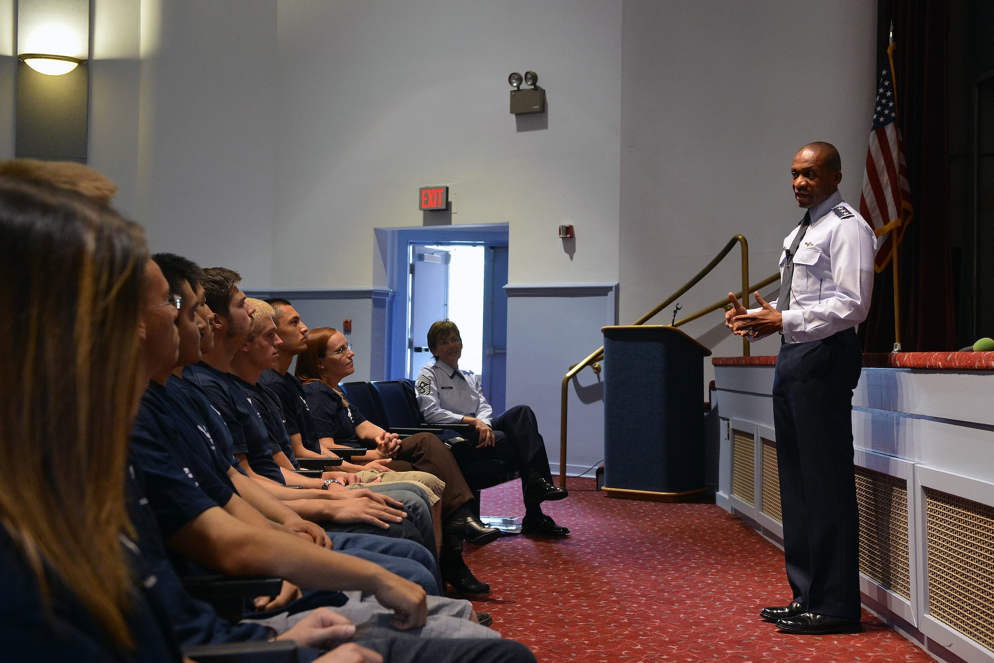 Lt. Gen. Darren McDew, 18th Air Force commander, briefs Air Force Delayed Entry Program members during a mentoring session July 16, 2013 at Joint Base Lewis-McChord, Wash. McDew offered his advice to the members who are preparing for their journey into the Air Force. (U.S. Air Force photo/Airman 1st Class Jacob Jimenez)  