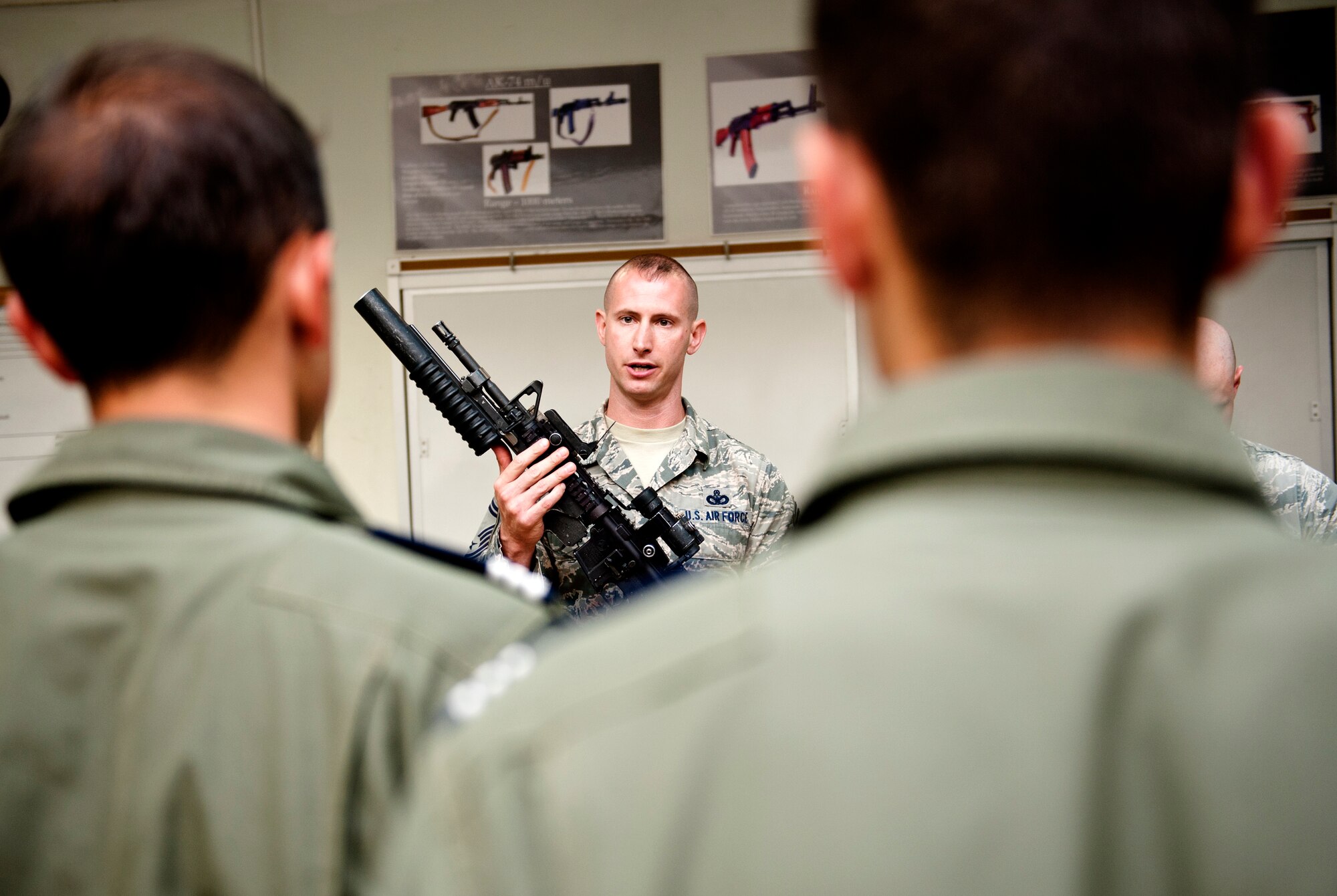 Senior Master Sgt. Todd Rosenzwieg, 39th Security Forces Squadron superintendant, gives a briefing on some of the defender’s weapons to Turkish air force cadets July 15, 2013, at Incirlik Air Base, Turkey. The TURAF cadet tour provided U.S. Airmen the opportunity to showcase the expertise of the U.S. military enlisted corps.  (U.S. Air Force photo by Senior Airman Daniel Phelps/Released)
