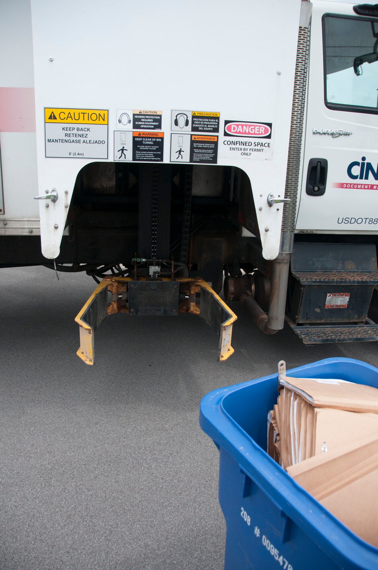 A recycle bin full of personally identifiable information is about to be destroyed at the Niagara Falls Air Reserve Station, July 14 in a “shred-truck”—a truck specially designed to destroy sensitive documents such PII. The Department of Defense defines PII as information that can be used to distinguish or trace an individual's identity, including but not limited to their name, Social Security number, date and place of birth, mother's maiden name, and biometric records, including any other personal information that is linked or linkable to a specific individual. (U.S. Air Force photo by Tech. Sgt. Andrew Caya)