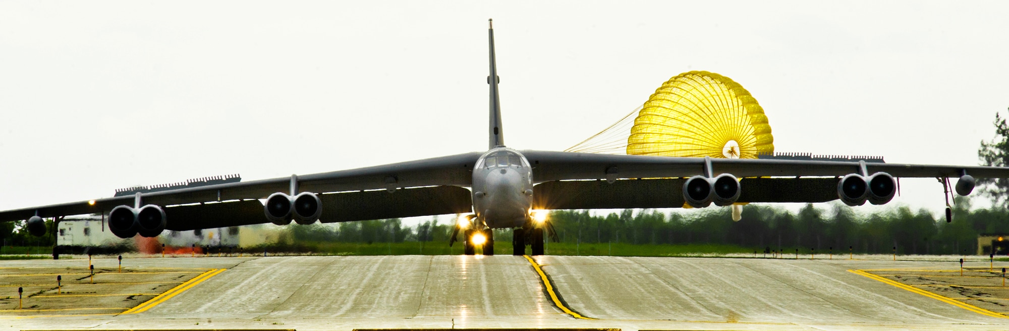 A B-52H Stratofortress deploys a parachute after landing at Minot Air Force Base, N.D., June 20, 2013.   For more than 40 years, the B-52H has been the backbone of the manned strategic bomber force for the United States. It is capable of dropping or launching the widest array of weapons in the U.S. inventory. (U.S. Air Force photo/Senior Airman Brittany Y. Auld)