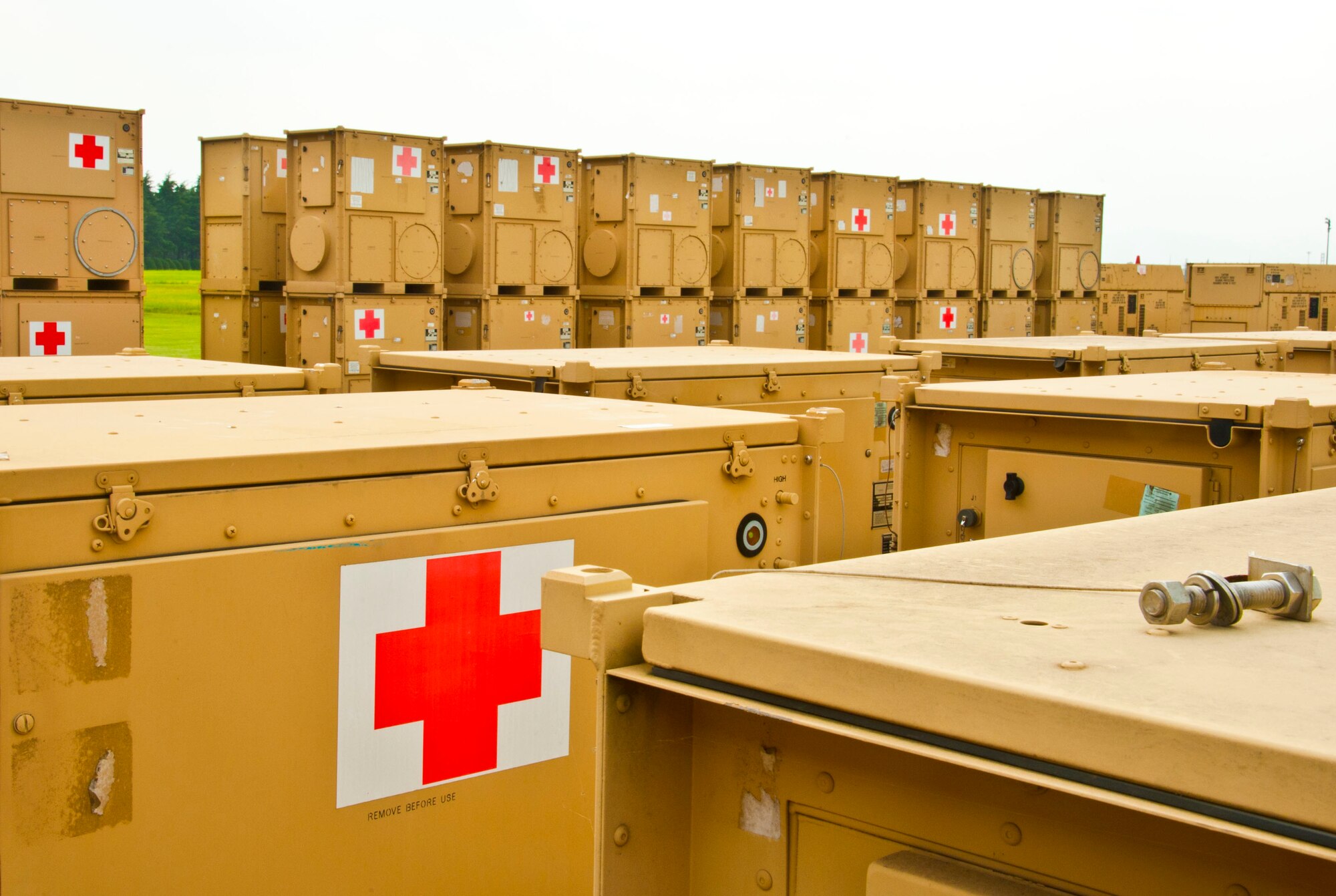 YOKOTA AIR BASE, Japan – Several air conditioners are set outside the warehouse at Yokota Air Base, Japan, July 16, 2013.  The supplies ranged from typical medical supplies to generators and air conditioners.  (U.S. Air Force photo by Airman 1st Class Soo C. Kim)