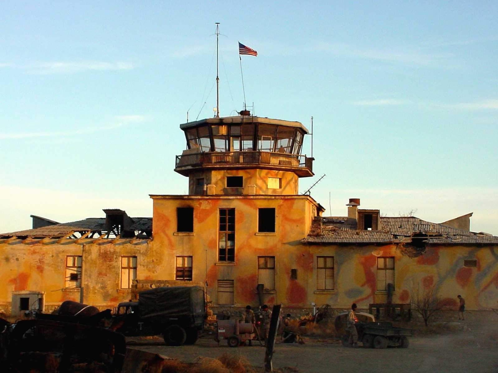 The old Russian control tower as it appeared when the first U.S. forces arrived on Bagram Airfield in December 2001. In this photo, painted camoflauge and holes are visibile in the tower's exterior roof. The tower, which is a familiar landmark to deployed service members and civilians who have worked here, was built on Bagram Airfield in 1976 during the Soviet Union's economic collaboration with Afghanistan.(Courtesy photo)