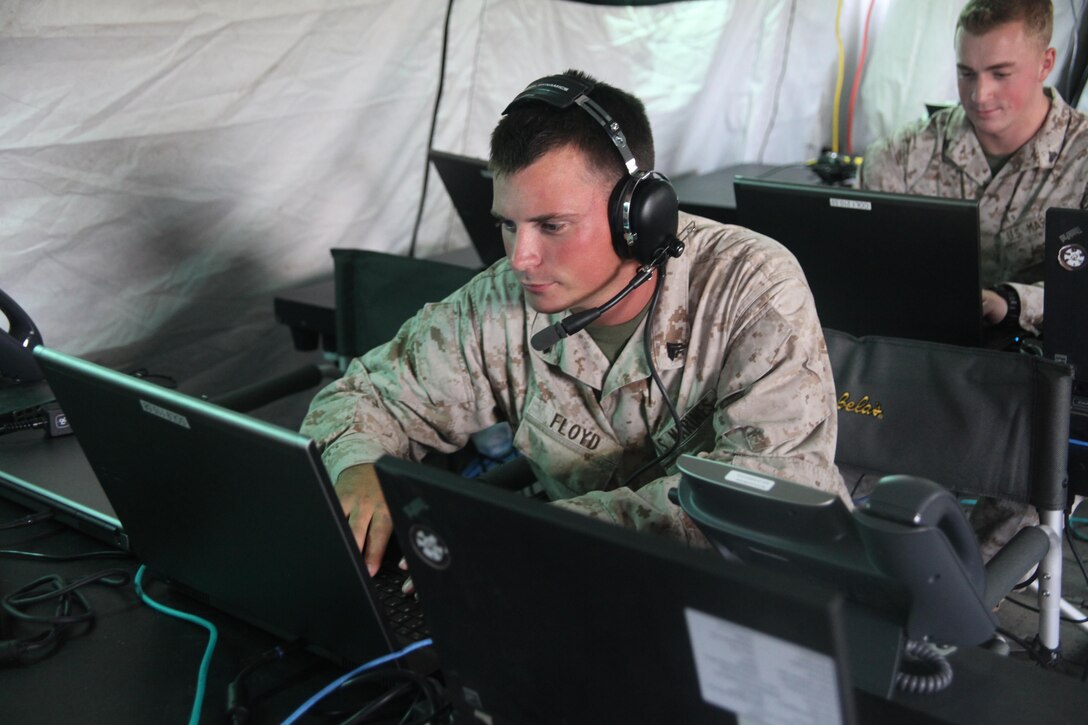 Marines with Marine Wing Communication Squadron 28 set up a command operation center aboard Cherry Point to engaged in an excersise on July 10 that would be similar to the squadrons conditions in Germany when the Marines travel there in September. 31 Marines put the COC together and will take it down.
