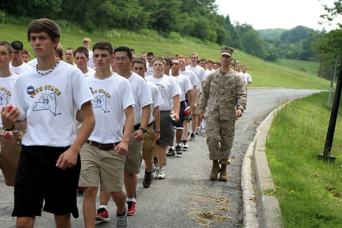 MORRISVILLE, N.Y. - Corporal Richard Marko III, a recruiter at Recruiting Substation Utica, leads his formation of boys at the annual New York American Legion Boy's State at the State University of New York, Morrisville, June 24.  Marko, a native of Newport, N.Y., and 2009 graduate of West Canada High School, is a 2008 Boy's State alum.