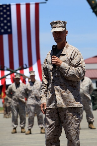 Brig. Gen. Carl E. Mundy III, incoming commanding general of 1st Marine Expeditionary Brigade, delivers his speech during a change of command ceremony at Camp Pendleton, July 17. Brig. Gen. Mundy relieved Maj. Gen. John J. Broadmeadow as the commanding general of 1st MEB and received the unit's guidon to commence his duties.