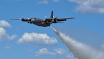 An Air Force Reserve C-130 Hercules aircraft expels water during a capabilities demonstration April 23, 2012, here as part of annual Modular Airborne Fire Fighting System II certification. The U.S. Forest Service-led training, hosted by the 302nd Airlift Wing, certified aerial firefighting C-130 crews to perform the MAFFS mission. The 302nd AW is the only AF Reserve unit with MAFFS capabilities. 
