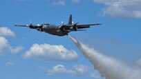An Air Force Reserve C-130 Hercules aircraft expels water during a capabilities demonstration April 23, 2012, here as part of annual Modular Airborne Fire Fighting System II certification. The U.S. Forest Service-led training, hosted by the 302nd Airlift Wing, certified aerial firefighting C-130 crews to perform the MAFFS mission. The 302nd AW is the only AF Reserve unit with MAFFS capabilities. 
