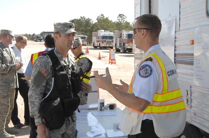 Colorado Army National Guard Lt. Col. Kevin Black, 8th Civil Support Team commander, gets a briefing on the current situation from the incident commander, Assistant Fire Chief Ken Helgersin, 10th Civil Engineer Squadron, during a Chemical, Biological, Radiological and Nuclear response exercise at the U.S. Air Force Academy May 3, 2012. U.S. Army North, a subordinate of U.S. Northern Command, is responsible for evaluating CSTs every 18 months. During CBRN incidents, the CST can support local emergency responders and will take direction from the local incident commander. 