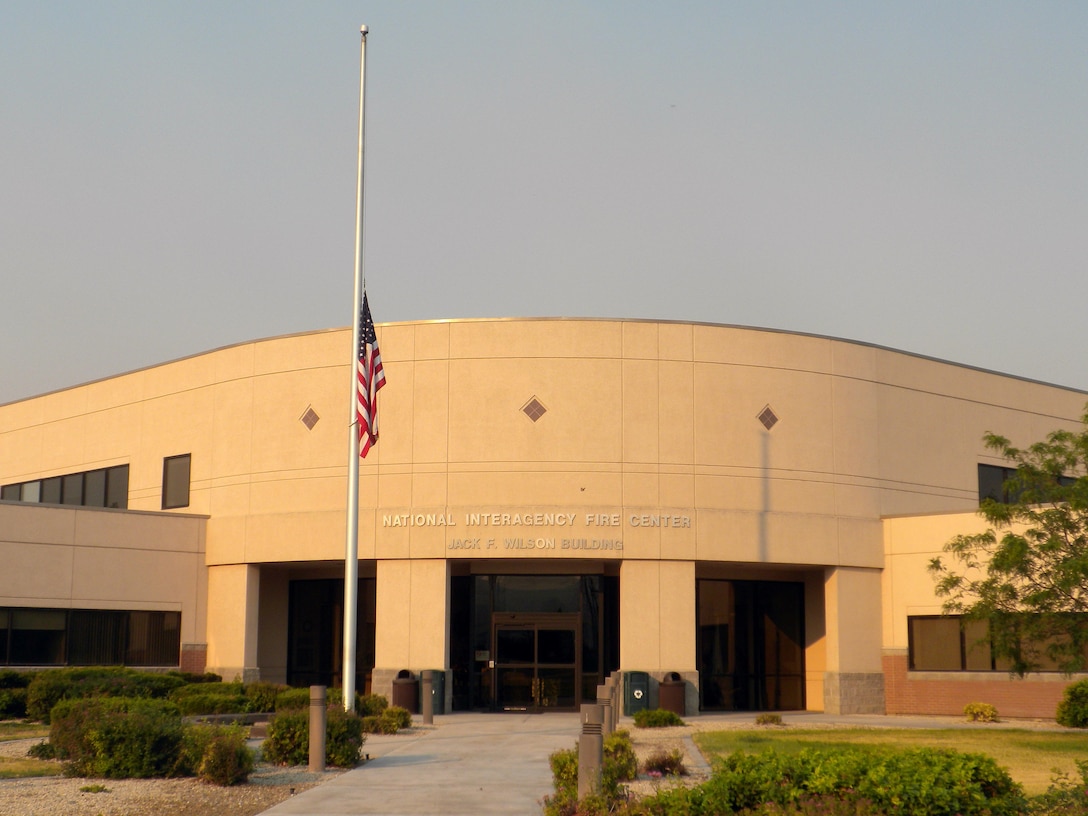 The flag outside the National Interagency Fire Center in Boise, Idaho, flies at half-staff July 10, 2012, in honor of the four crewmembers of MAFFS 7 who were killed when their MAFFS-equipped C-130 crashed during a fire fighting mission in South Dakota July 1. All Department of Agriculture and Department of Interior agencies flew their flags at half-staff to coincide with the crewmembers' memorial service held in Charlotte, N.C., that same day. 
