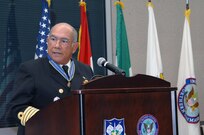 Adm. Mariano Saynez, Secretary of the Navy, Mexico, gives a farewell address to members of NORAD and U.S. Northern Command in the commands' headquarters on Peterson AFB, Colo., Nov. 26, 2012. The visit was Saynez's last as Secretary of the Navy, Mexico, before he steps down from his position Dec. 1. After speaking at a gathering of NORAD and USNORTHCOM members, honors were rendered in front the headquarters, where Jacoby presented Saynez with an engraved artillery casing and the Mexican flag flown in front of the building. Saynez's support of USNORTHCOM has been instrumental in the fight against transnational criminal organizations. 
