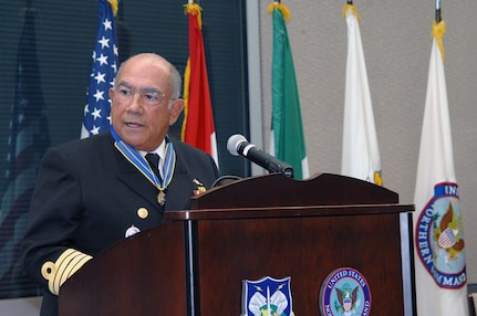 Adm. Mariano Saynez, Secretary of the Navy, Mexico, gives a farewell address to members of NORAD and U.S. Northern Command in the commands' headquarters on Peterson AFB, Colo., Nov. 26, 2012. The visit was Saynez's last as Secretary of the Navy, Mexico, before he steps down from his position Dec. 1. After speaking at a gathering of NORAD and USNORTHCOM members, honors were rendered in front the headquarters, where Jacoby presented Saynez with an engraved artillery casing and the Mexican flag flown in front of the building. Saynez's support of USNORTHCOM has been instrumental in the fight against transnational criminal organizations. 
