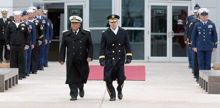 Adm. Mariano Saynez, Secretary of the Navy, Mexico, escorted by Army Gen. Charles H. Jacoby, Jr., NORAD and U.S. Northern Command commander, departs the NORAD and USNORTHCOM headquarters with honors after his final visit to the commands Nov. 26, 2012. After speaking at a gathering of NORAD and USNORTHCOM members, honors were rendered in front the headquarters, where Jacoby presented Saynez with an engraved artillery casing and the Mexican flag flown in front of the building. Saynez's support of USNORTHCOM has been instrumental in the fight against transnational criminal organizations. 
