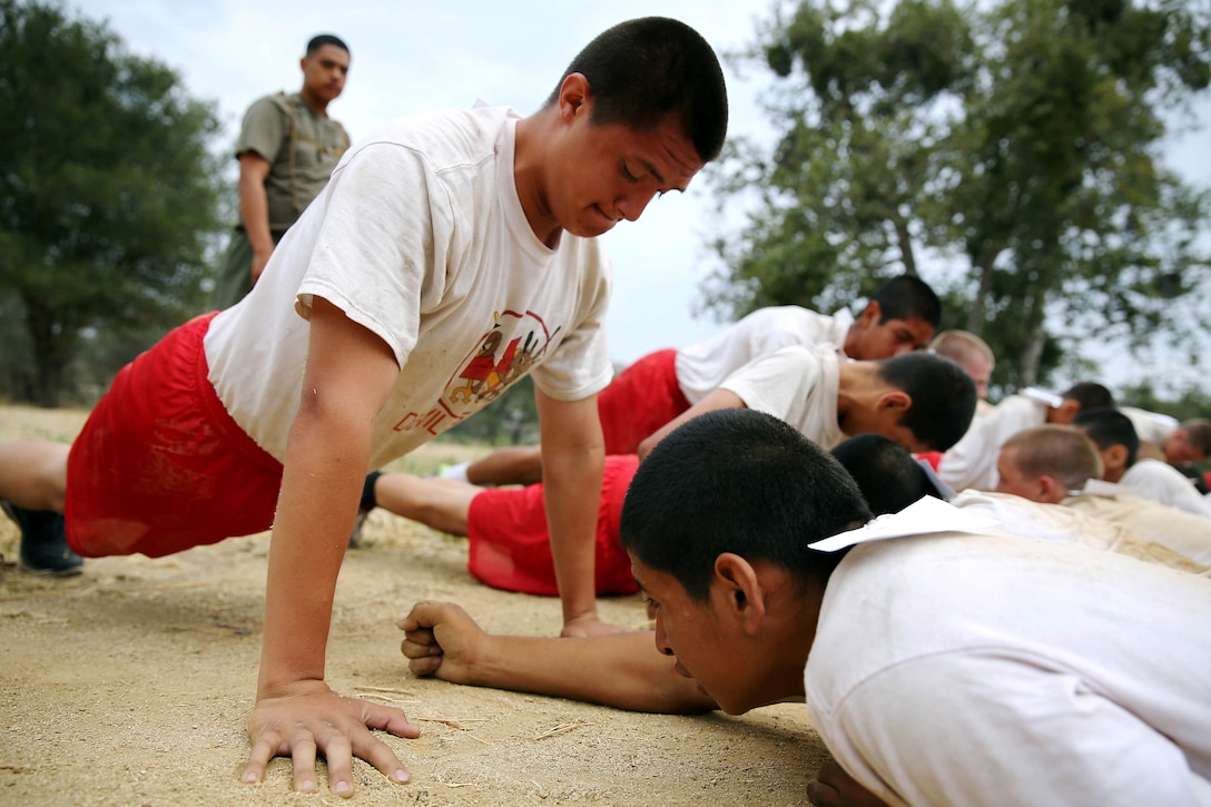Devil Pups perform the push-up portion of their final Physical Fitness Test during the Devil Pups Encampment 2013 held here July 11.  Devil Pups have four different areas they are scored in for their PFT: one mile run, sit-ups, push-ups, and either pull-ups for males or a flexed arm hang for females. Devil Pups Inc. encampments are a ten-day youth camp that teaches discipline and respect to teenagers age 14-17.