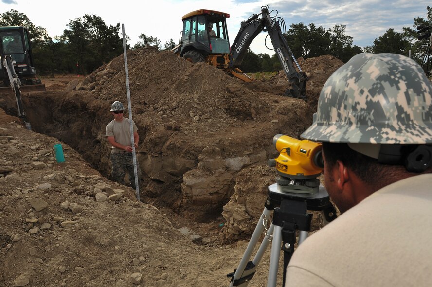 Colorado Air National Guard Tech. Sgt. Joshua Smith (left) holds a leveling rod as Staff Sgt. Roland Pugh, 140th Civil Engineer Squadron, uses an auto leveling device during site construction for a future home as part of the Innovative Readiness Training - Operation Footprint project in Gallup N.M., July 11, 2013. IRT mission Operation Footprint is an Air National Guard-led,  multiservice mission comprised of Active Duty, Reserve, and National Guard members from Army, Navy and Air Force components focusing on deployment and real-world readiness training. This project prepares the service members for wartime missions in a joint-service environment, while simultaneously providing free civil engineering services to the Navajo communities in New Mexico, Arizona and Utah. (Air National Guard photo by Tech. Sgt. Wolfram M. Stumpf)