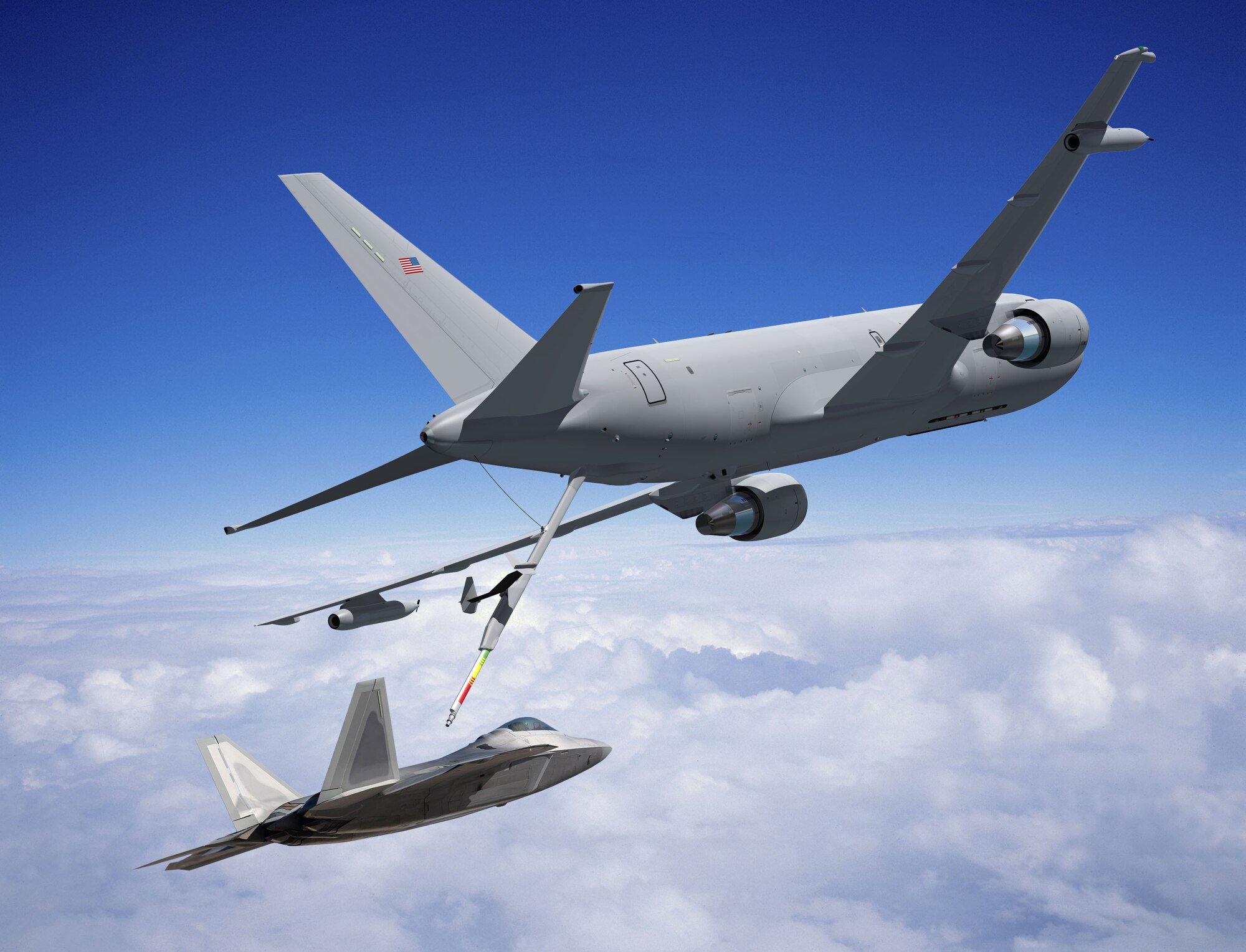 A KC-46 conducts in-flight refueling on a F-22 fighter in this illustration. The first KC-46 is expected to fly in 2015. (Air Force illustration)
