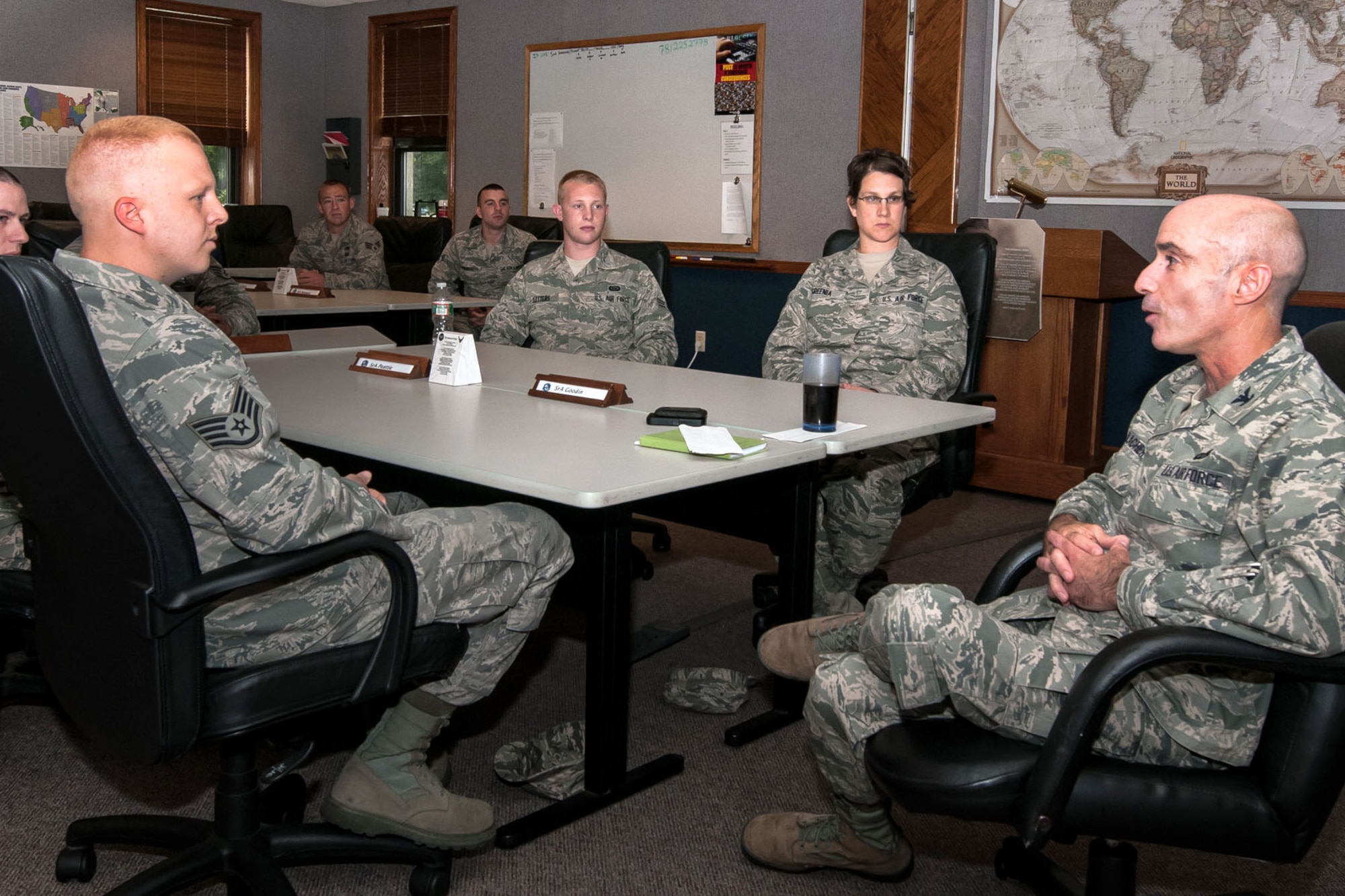 HANSCOM AIR FORCE BASE, Mass. -- Col. Lester A. Weilacher, 66th Air Base Group commander, speaks with Airman Leadership School class 13D students during a visit to the schoolhouse July 11. Weilacher spoke to the students about leadership, management principles, effects of furlough on military, emerging leadership issues, airmanship, and the evaluation system. (U.S. Air Force photo by Walter Santos)