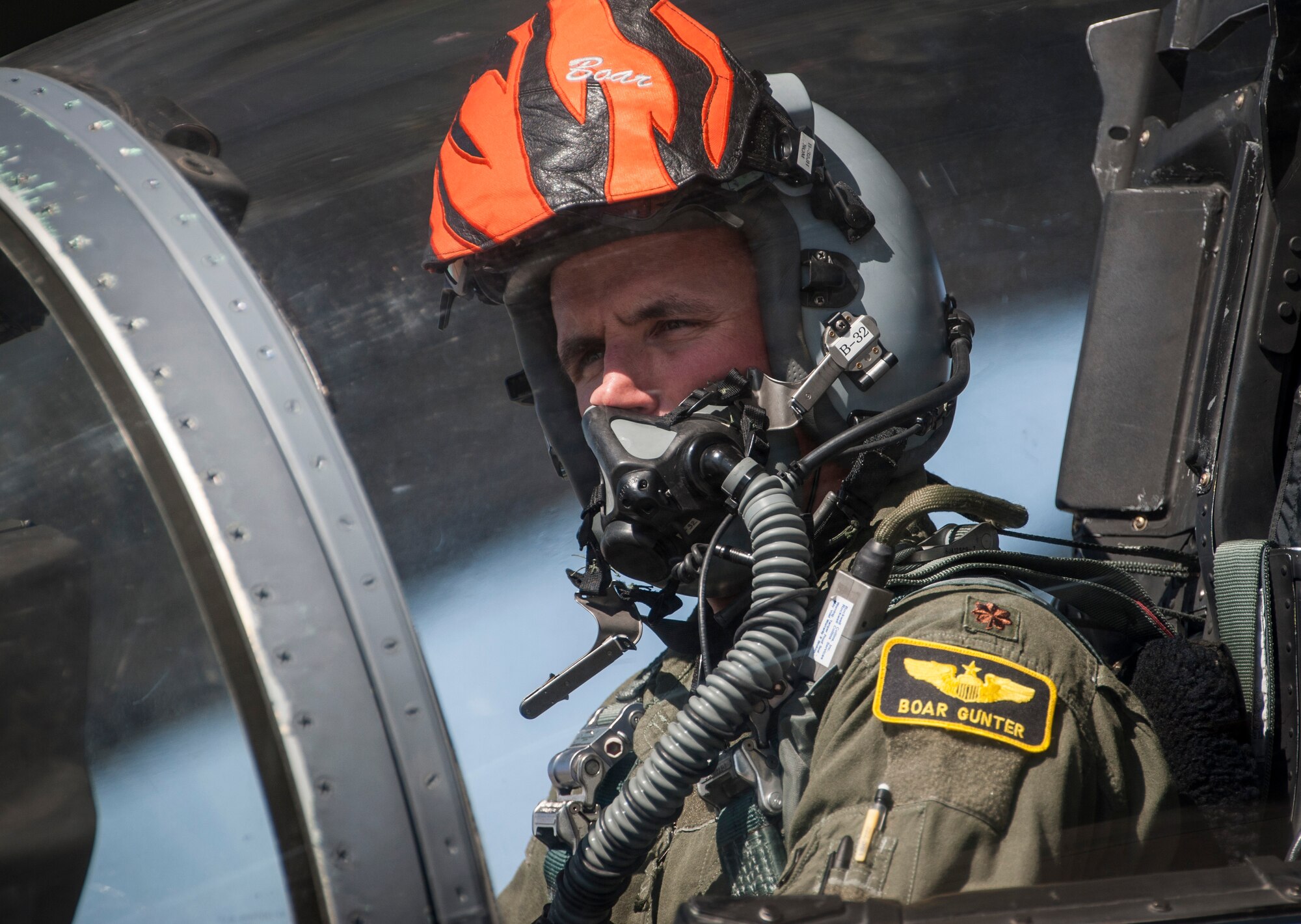 U.S. Air Force Maj. David Gunter, 391st Fighter Squadron pilot, looks out of the cockpit during preflight checks July 17, 2013, at Mountain Home Air Force Base, Idaho. 391st FS pilots and weapons systems officers returned to flying operations after being grounded for approximately three months due to budget constraints. (U.S. Air Force photo by Airman 1st Class Brittany A. Chase)