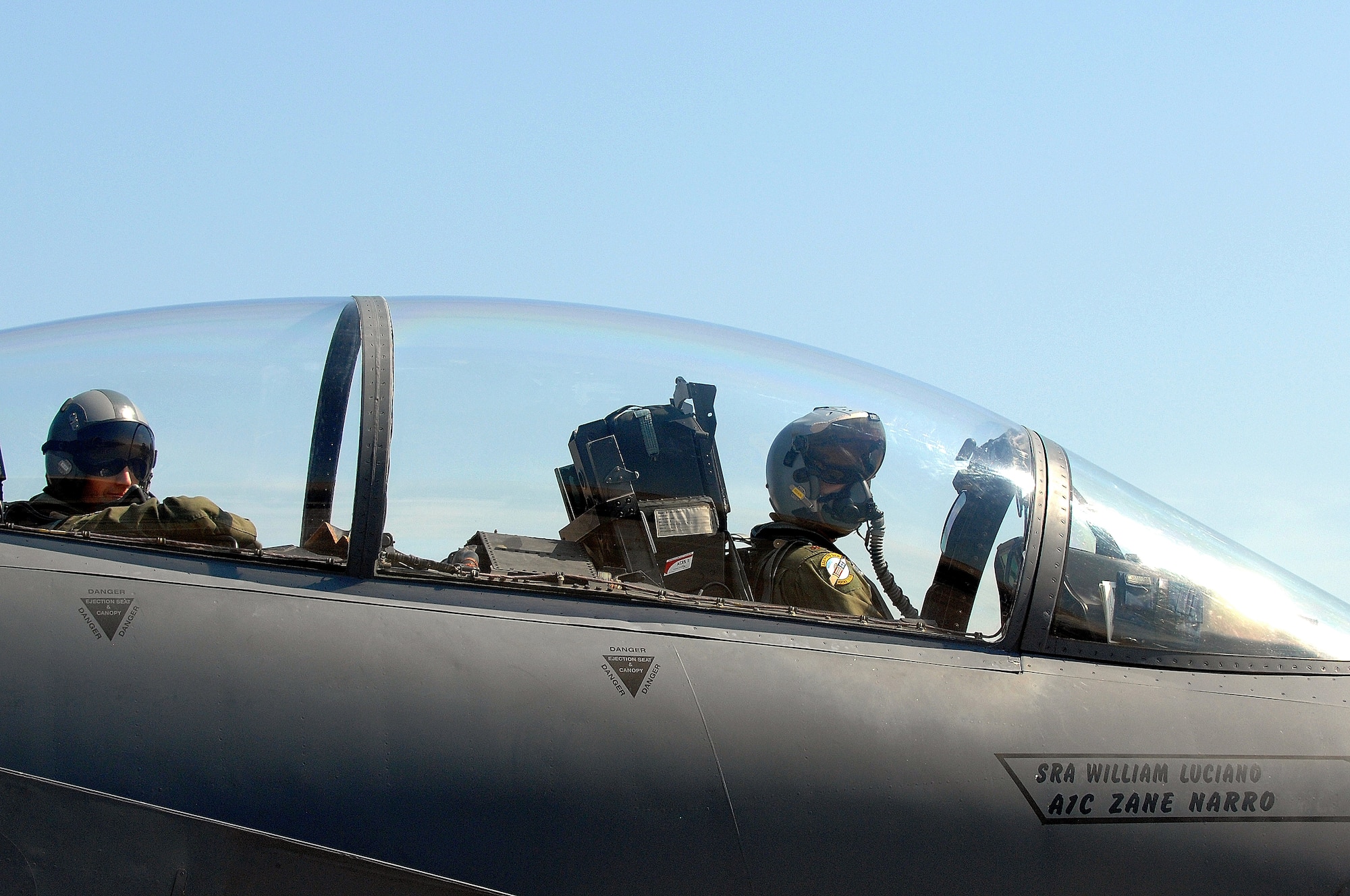 U.S. Air Force Lt. Col. James Howard, 336th Fighter Squadron commander, and Maj. Christopher Troyer, 336th FS pilot, resume flying at Seymour Johnson Air Force Base, N.C., July 17, 2013.  The flight is the first step in returning crews from the 336th FS back to combat mission ready status.  (U.S. Air Force photo by Airman 1st Class Brittain Crolley/Released)